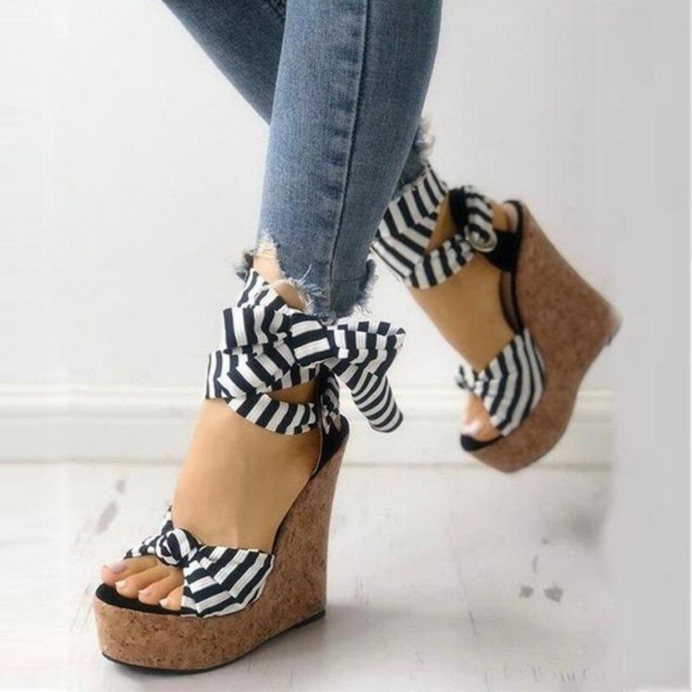 Lace Up Striped Knot/Bow Wedge Heel Sandals